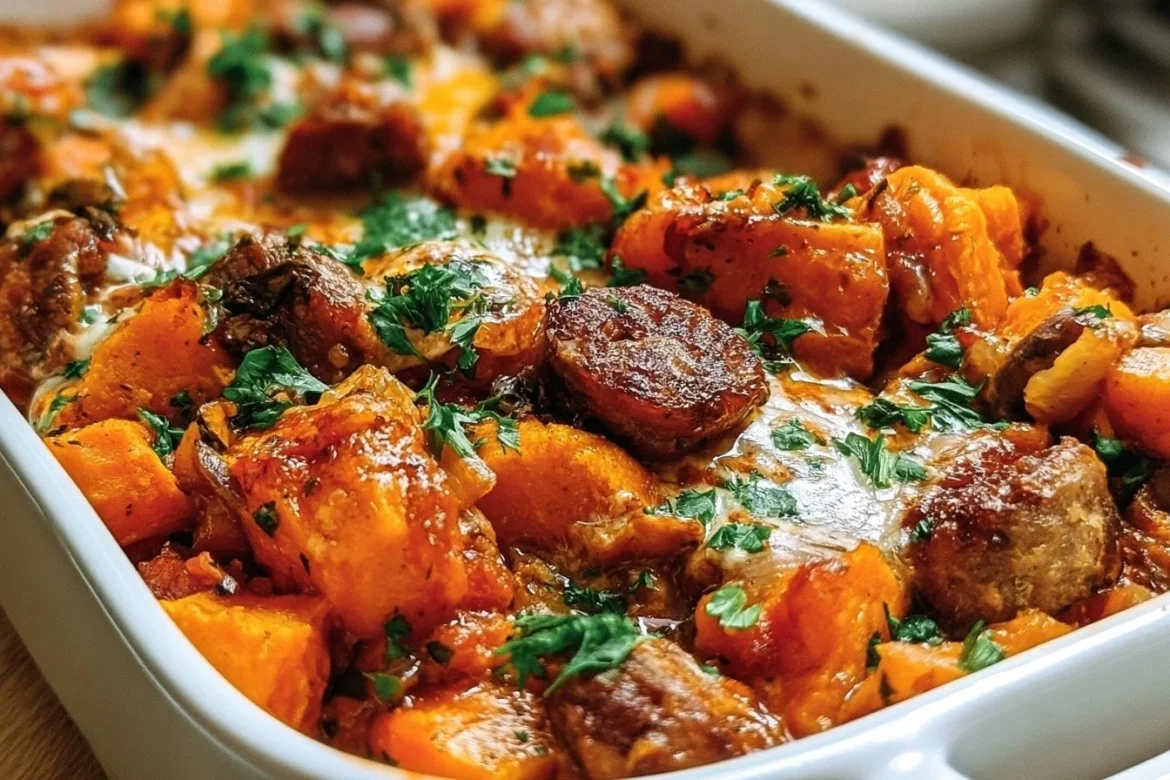 Delicious Sweet Potato and Sausage Casserole, garnished and ready to serve