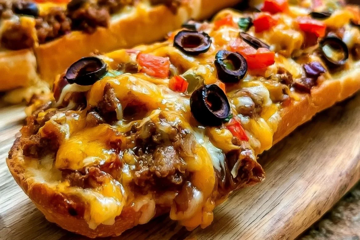 Delicious Taco French Bread Pizza topped with ground beef, cheese, and toppings