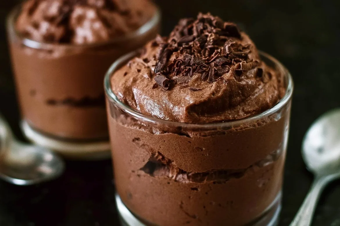 Deliciously creamy chocolate mousse topped with chocolate shavings in a dessert glass.
