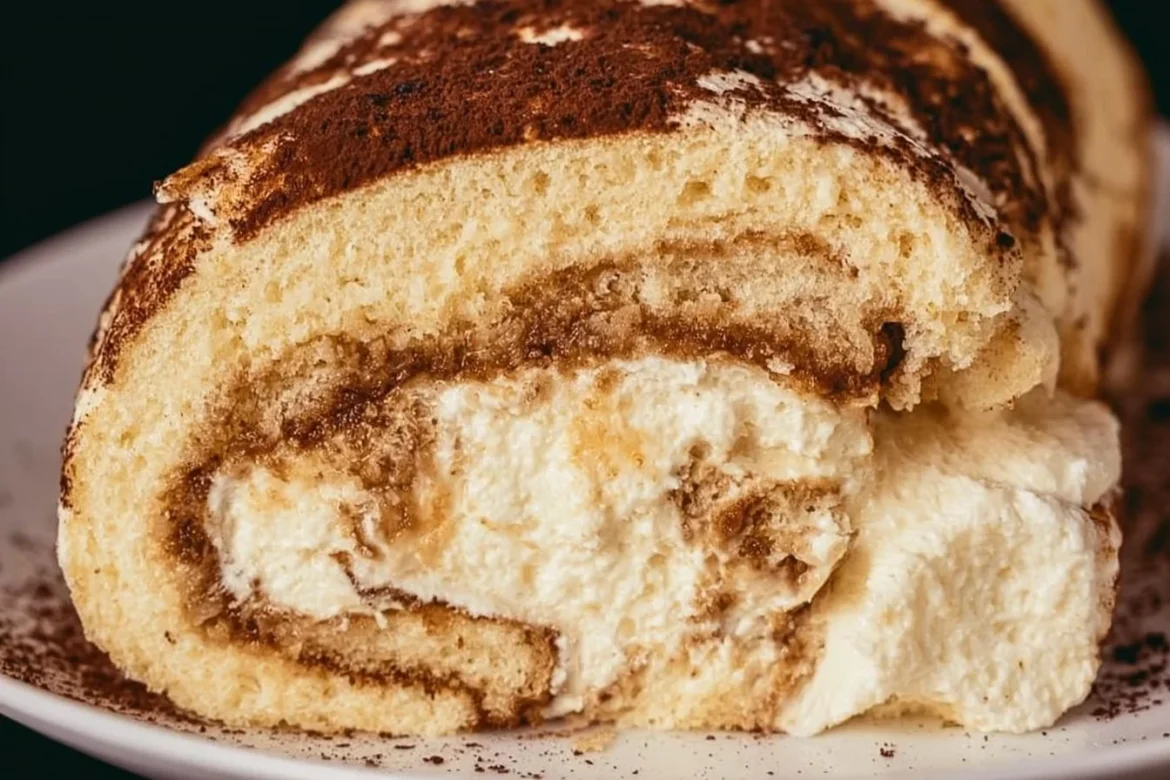 Delicious slice of tiramisu cake roll with coffee and mascarpone layers.