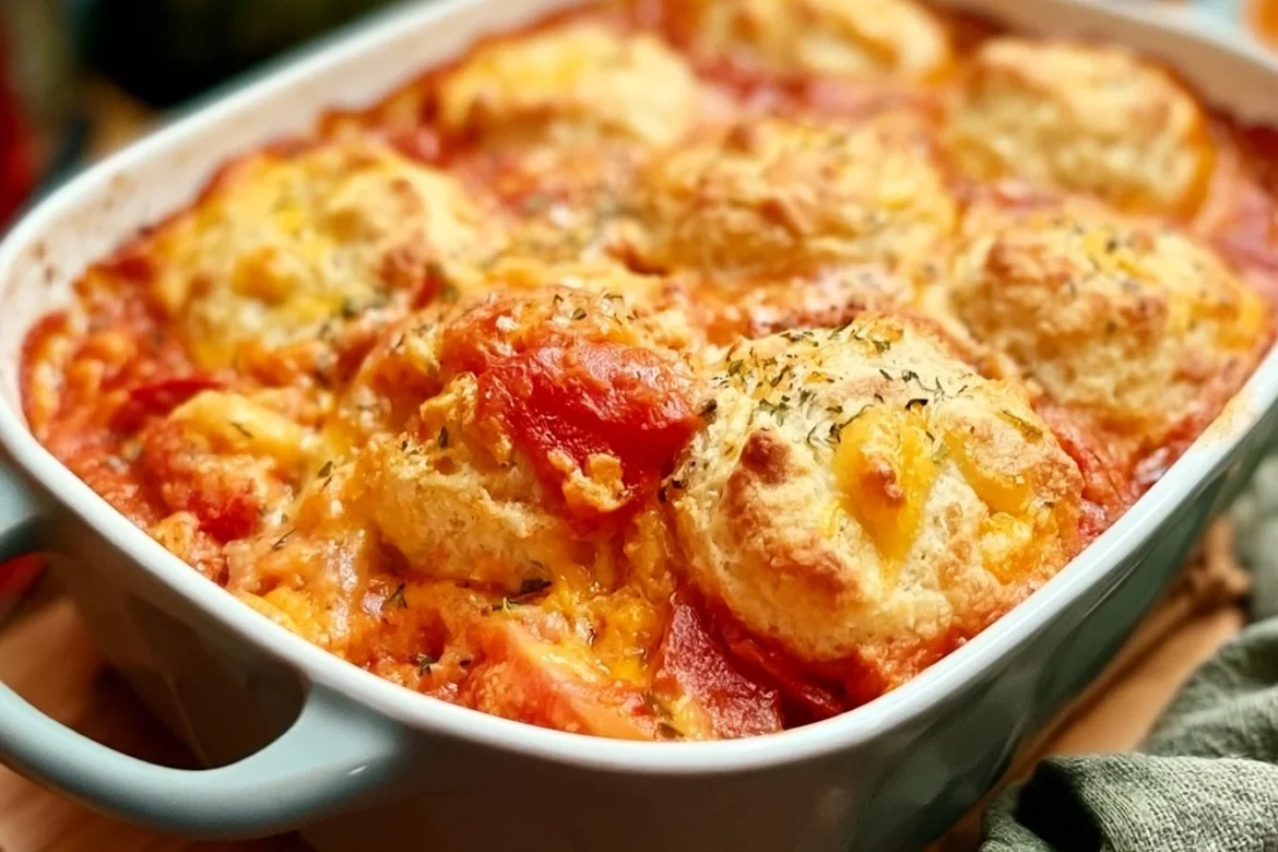 Delicious Tomato Cobbler topped with flaky Pimento Cheese Biscuits