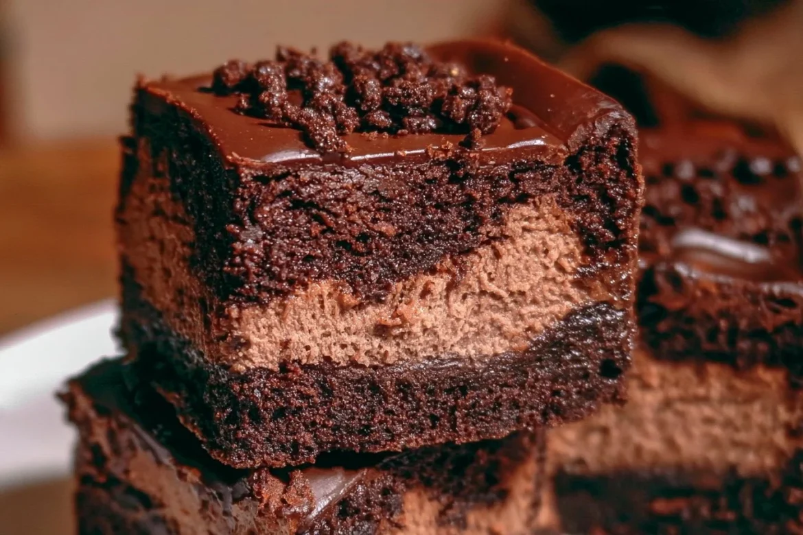 Triple Chocolate Cheesecake Bars topped with chocolate and whipped cream.