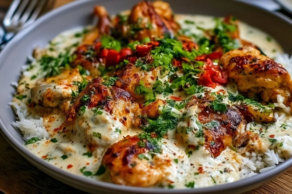 Plate of Turkish Chicken served with a creamy white sauce and garnished with herbs