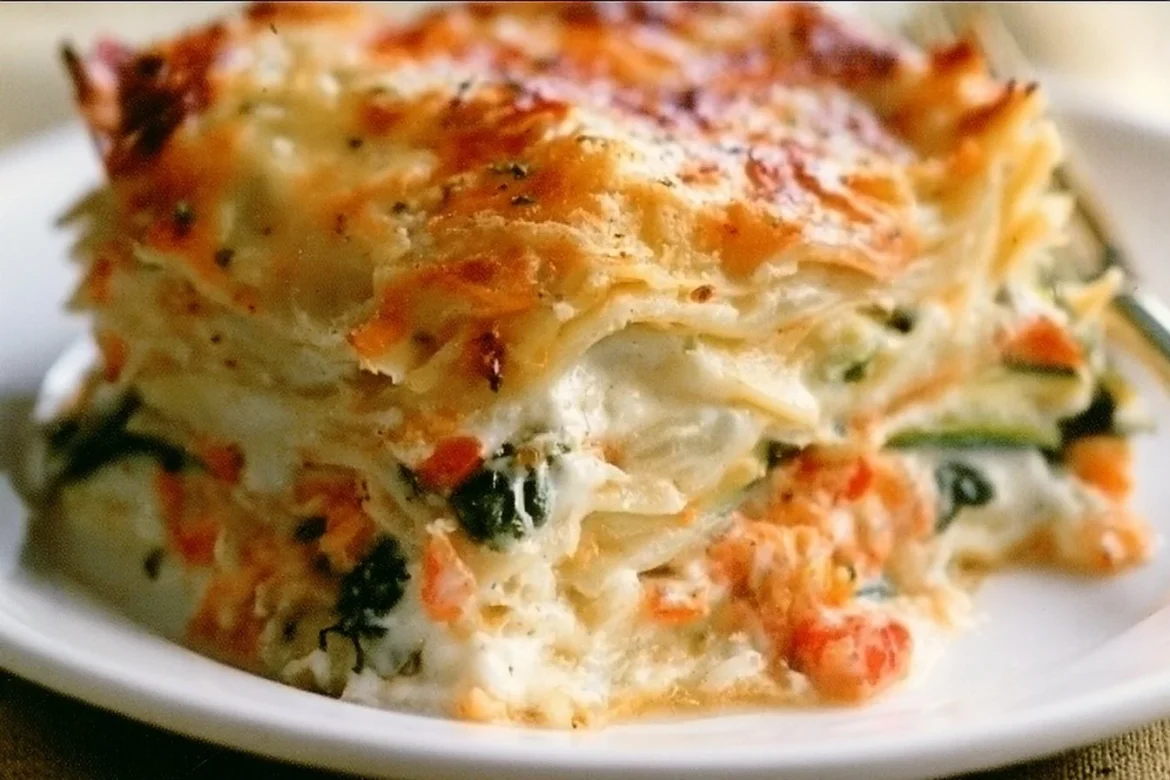 Delicious Vegetable Lasagna with creamy Alfredo sauce and fresh vegetables