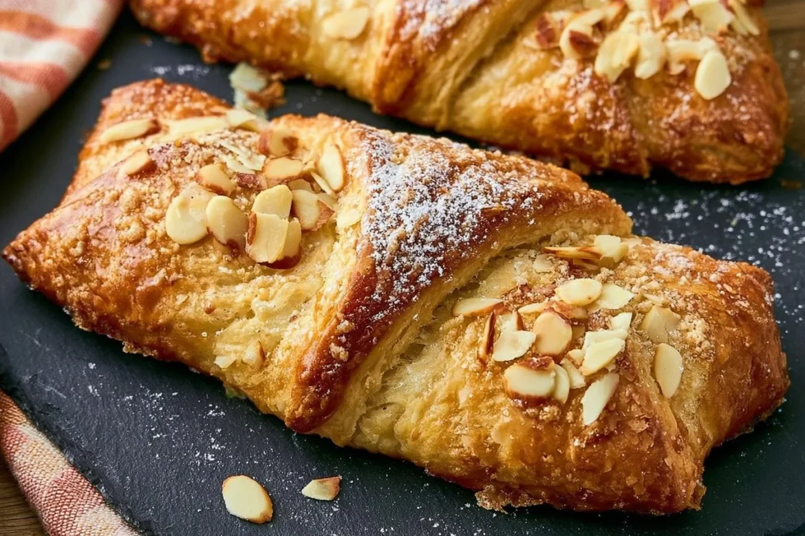 Freshly baked Almond Bear Claw pastry with almond filling and glaze.