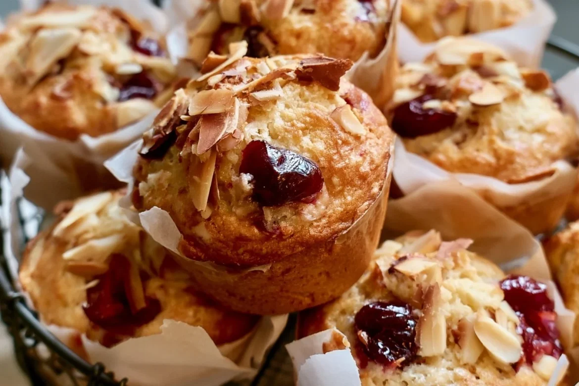 Freshly baked Almond Cherry Muffins with nuts and cherries on a wooden table.