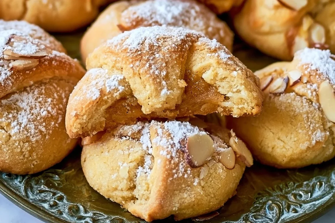 Delicious Almond Croissant Cookies fresh out of the oven with almond topping