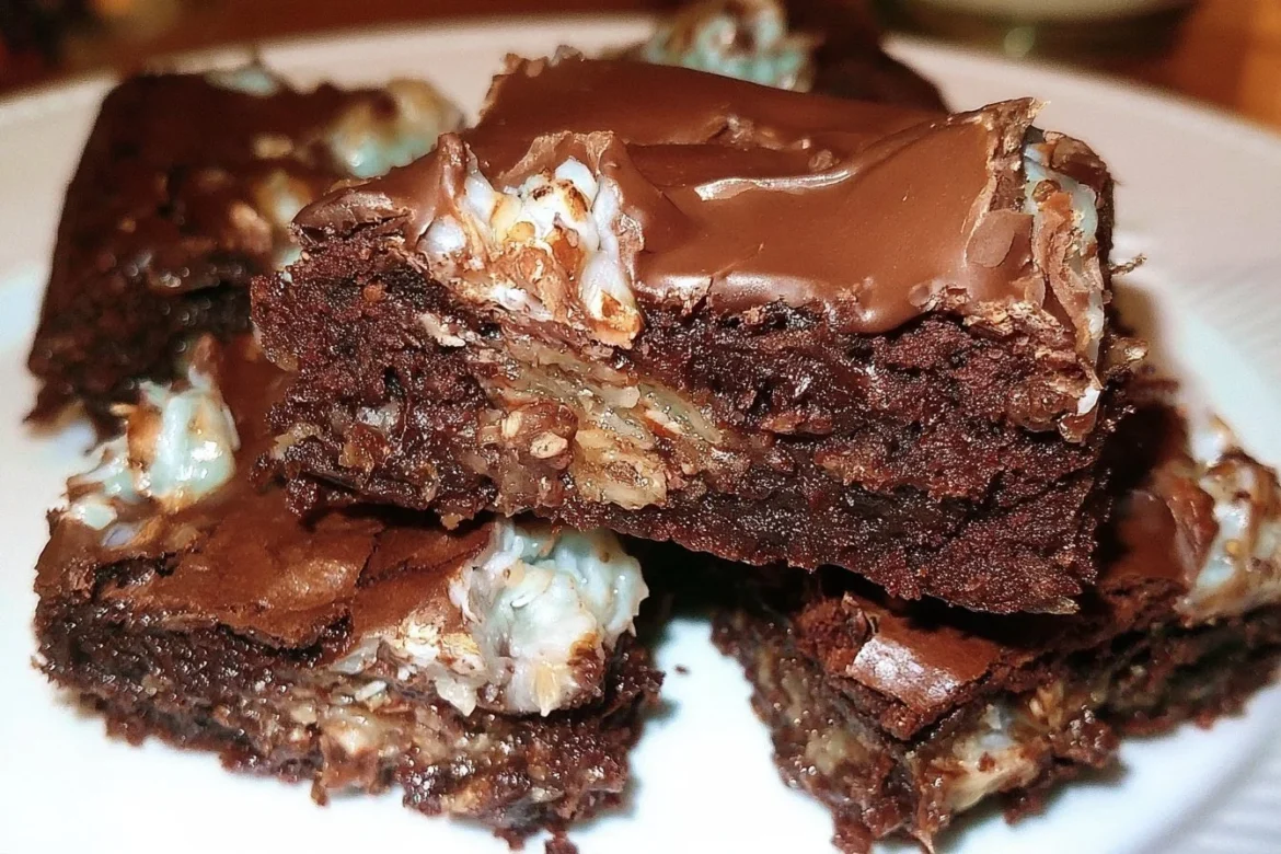 Delicious Almond Joy Brownies with chocolate and coconut topping