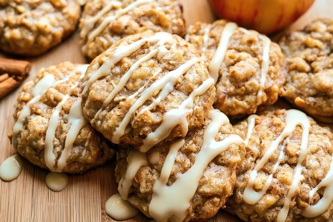 Freshly baked apple cinnamon oatmeal cookies on a wooden table