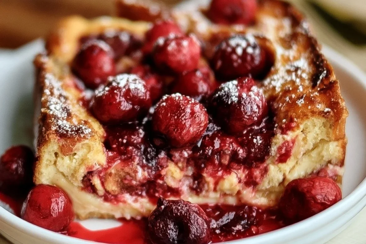 Baked cherry cheesecake casserole served in a dish with cherries on top.