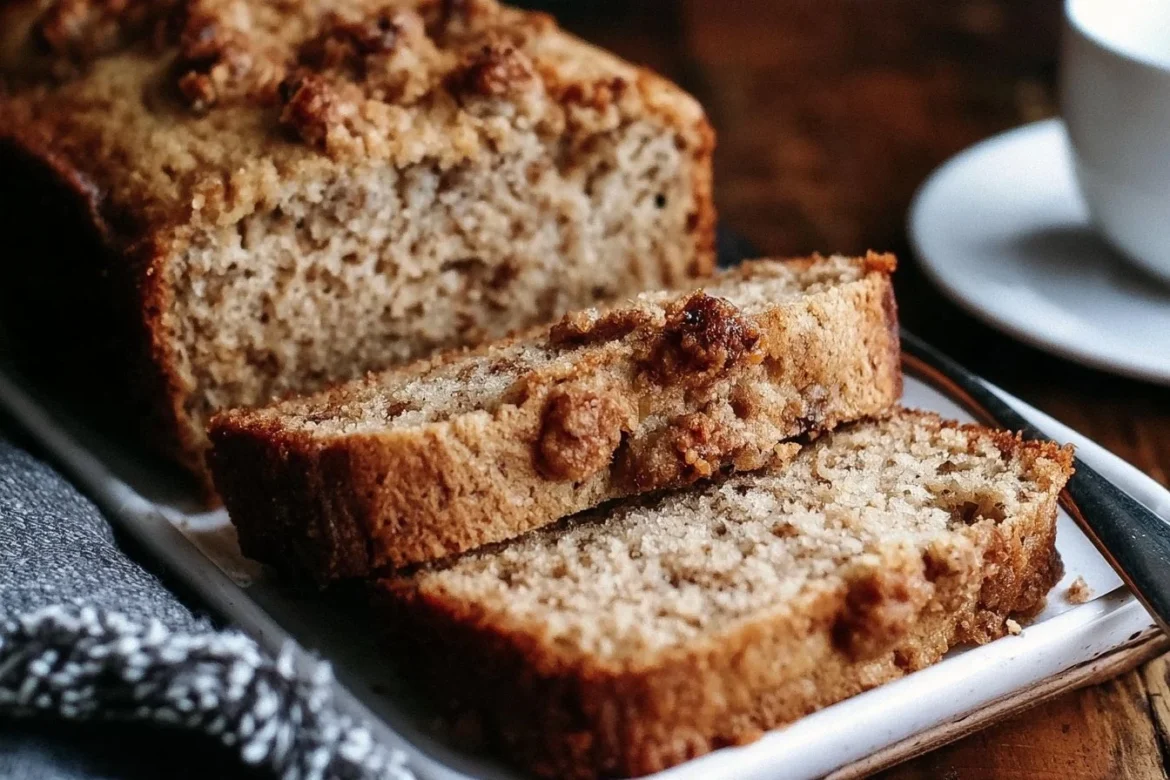 Delicious Banana Coffee Cake topped with coffee glaze and banana slices