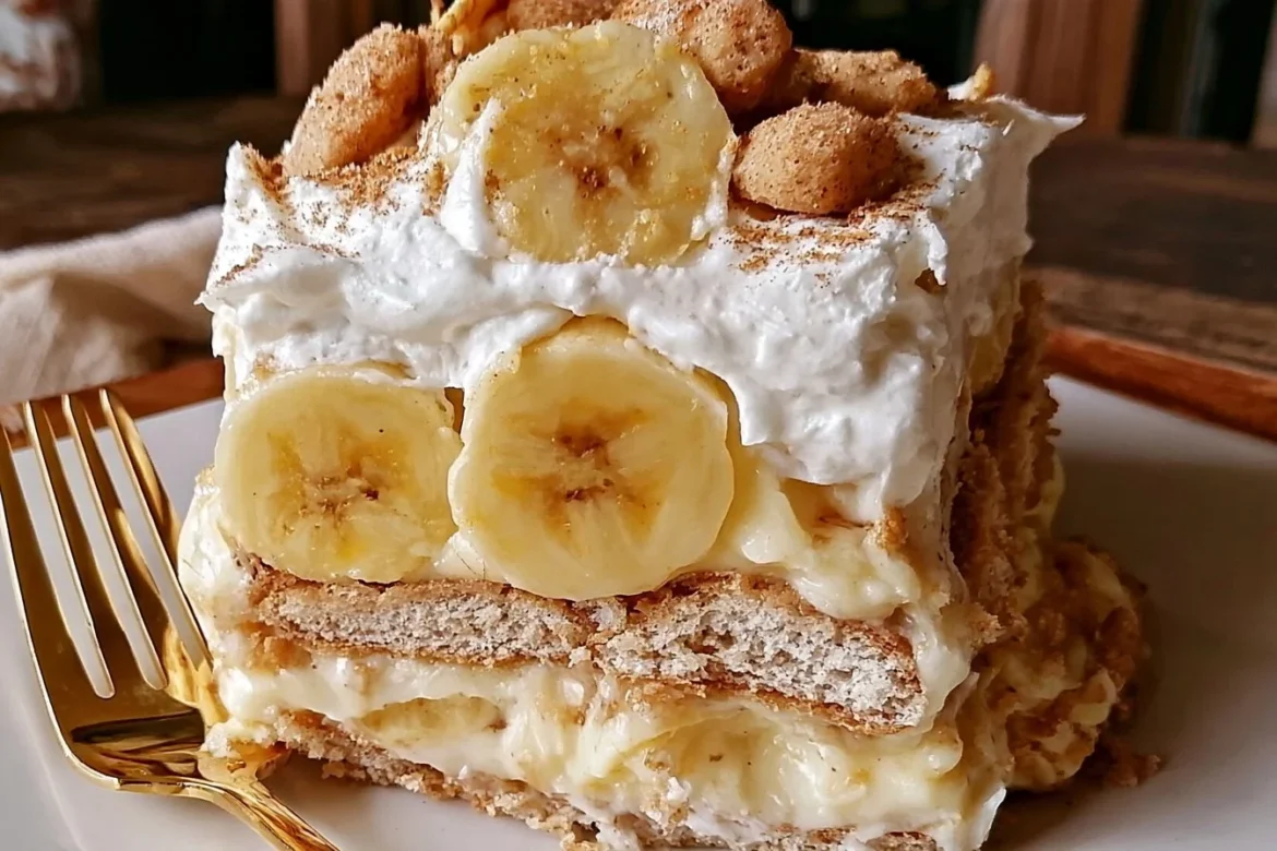Delicious banana pudding lasagna with layers of creamy vanilla and banana slices.