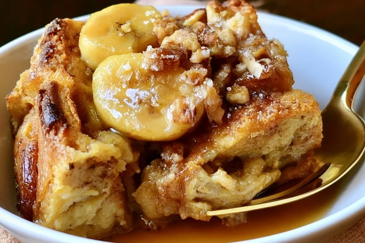 Delicious Bananas Foster Bread Pudding served with caramel sauce