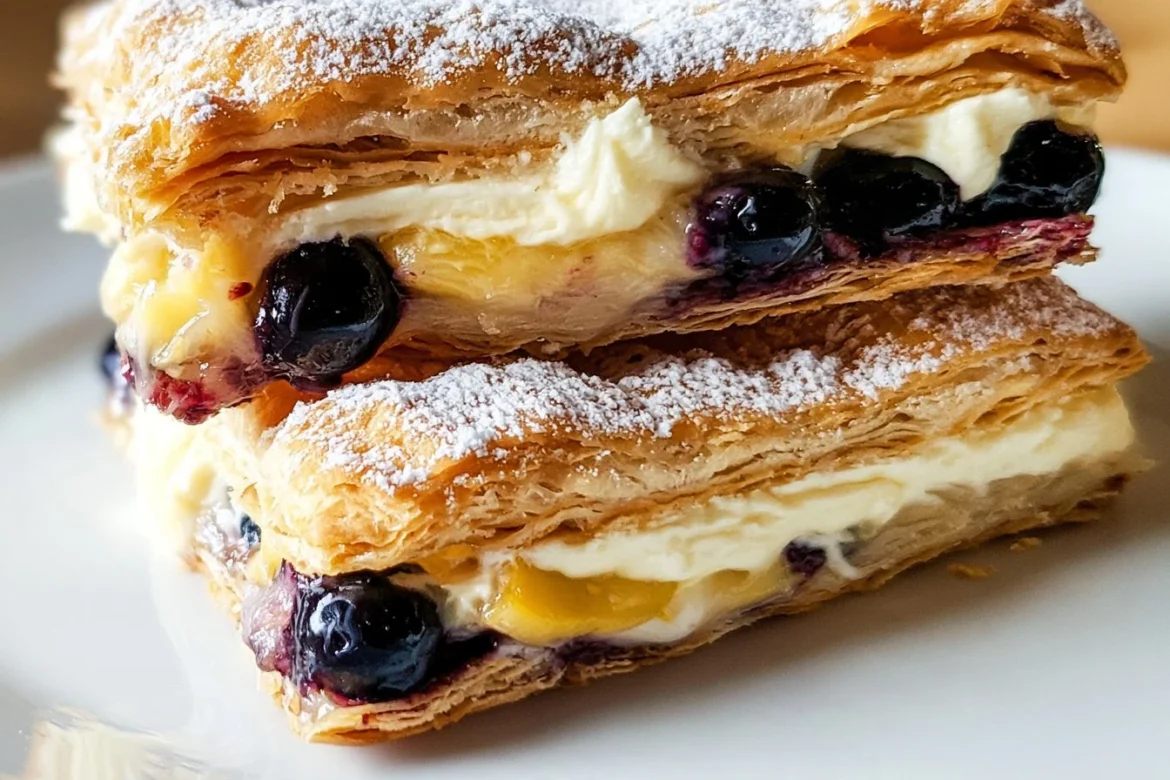 Delicious Blueberry Lemon Napoleons layered with pastry and filled with lemon cream and blueberries.