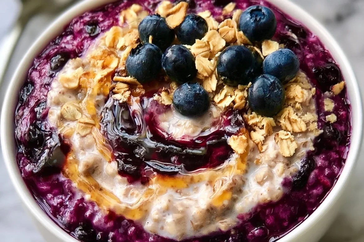 Blueberry pie overnight oats in a bowl topped with fresh blueberries