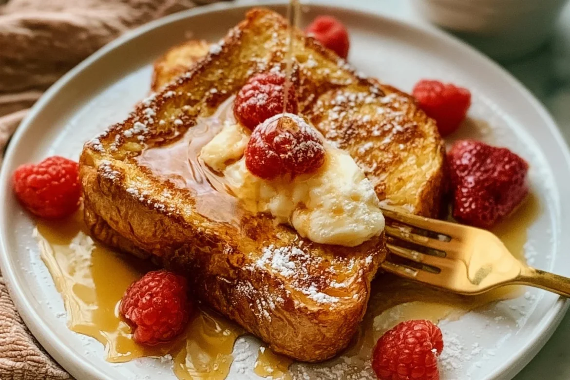 Delicious Brioche French Toast stacked on a plate with berries and syrup