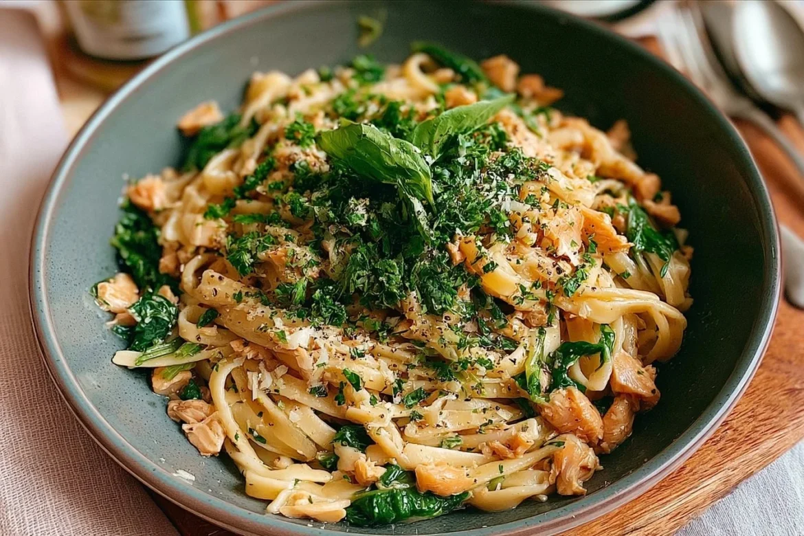 A delicious bowl of canned salmon pasta garnished with herbs and served with a side salad.