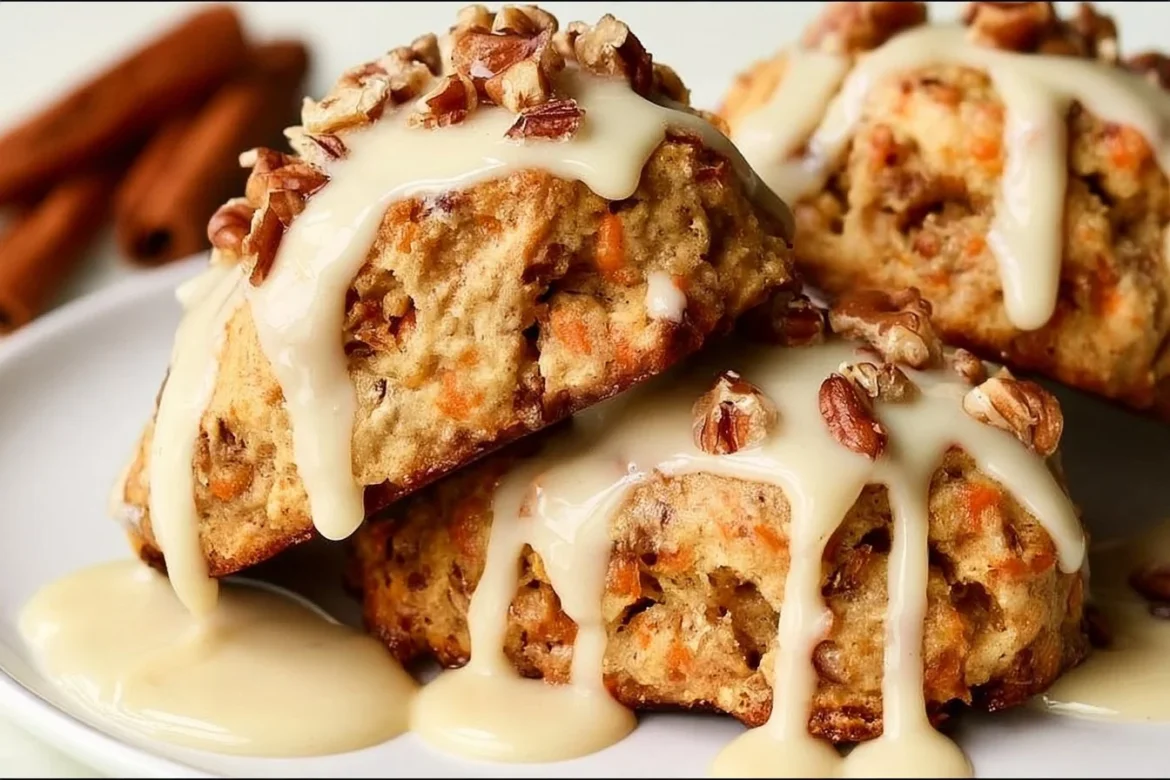 Carrot cake scones drizzled with maple cream cheese glaze on a white plate
