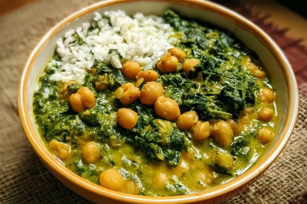 Bowl of Chana Saag Curry with chickpeas and spinach on a wooden table