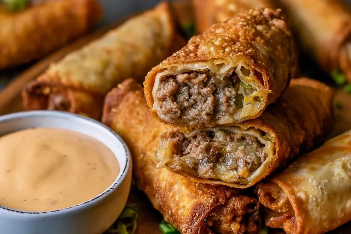 Delicious cheeseburger egg rolls filled with beef, cheese, and pickles