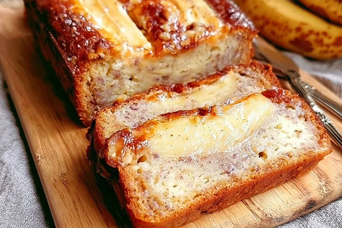 A slice of homemade cheesecake banana bread topped with cream cheese frosting