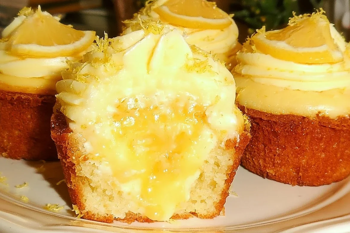 Cheesecake stuffed lemon cupcakes on a plate, showcasing creamy filling and lemon zest.