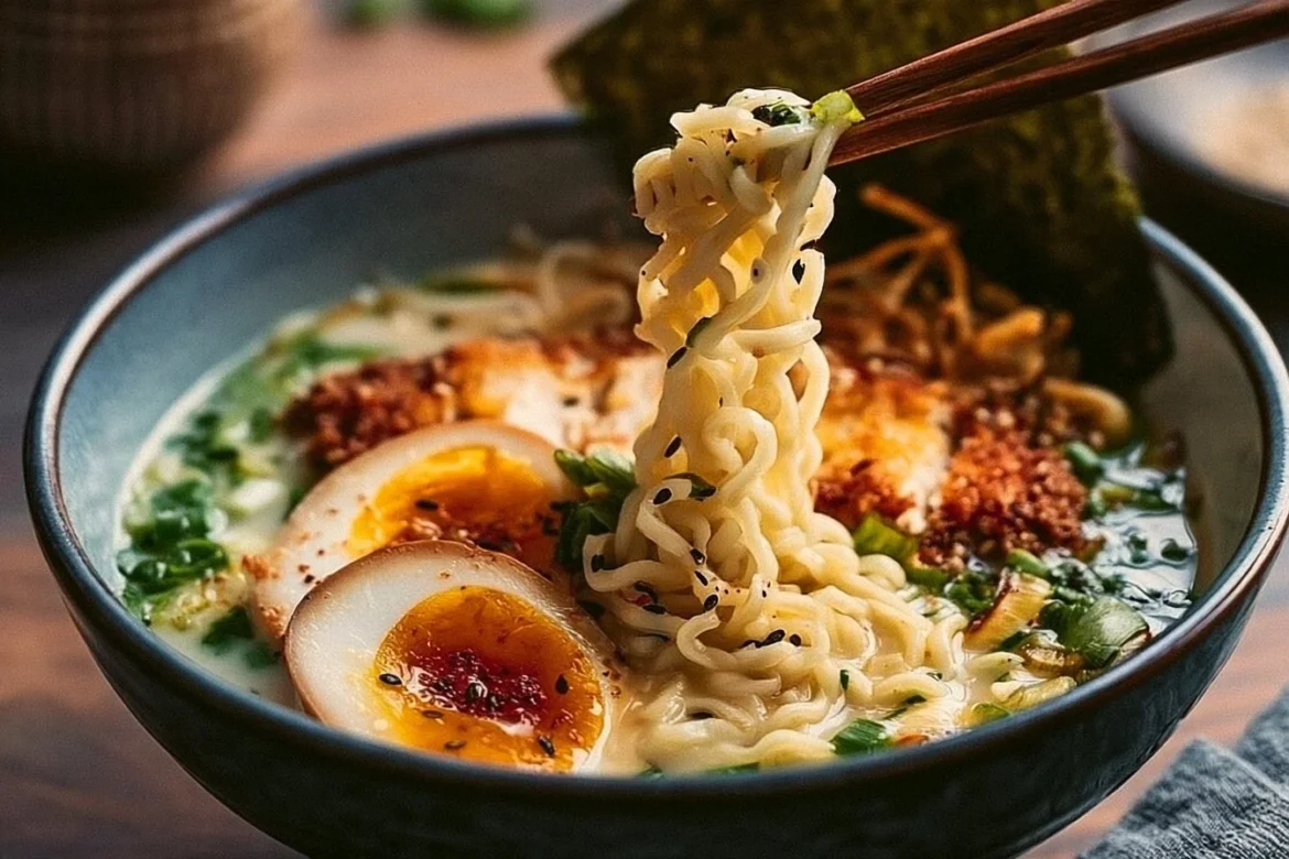 Delicious Chicken Katsu Ramen topped with crispy chicken and fresh vegetables