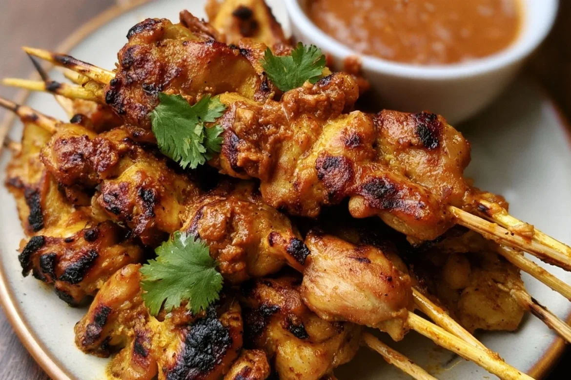 Chicken Satay skewers served with peanut sauce on a plate