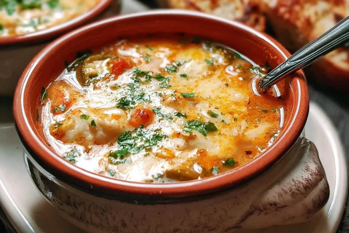 A bowl of flavorful Chile Relleno Soup garnished with fresh herbs.