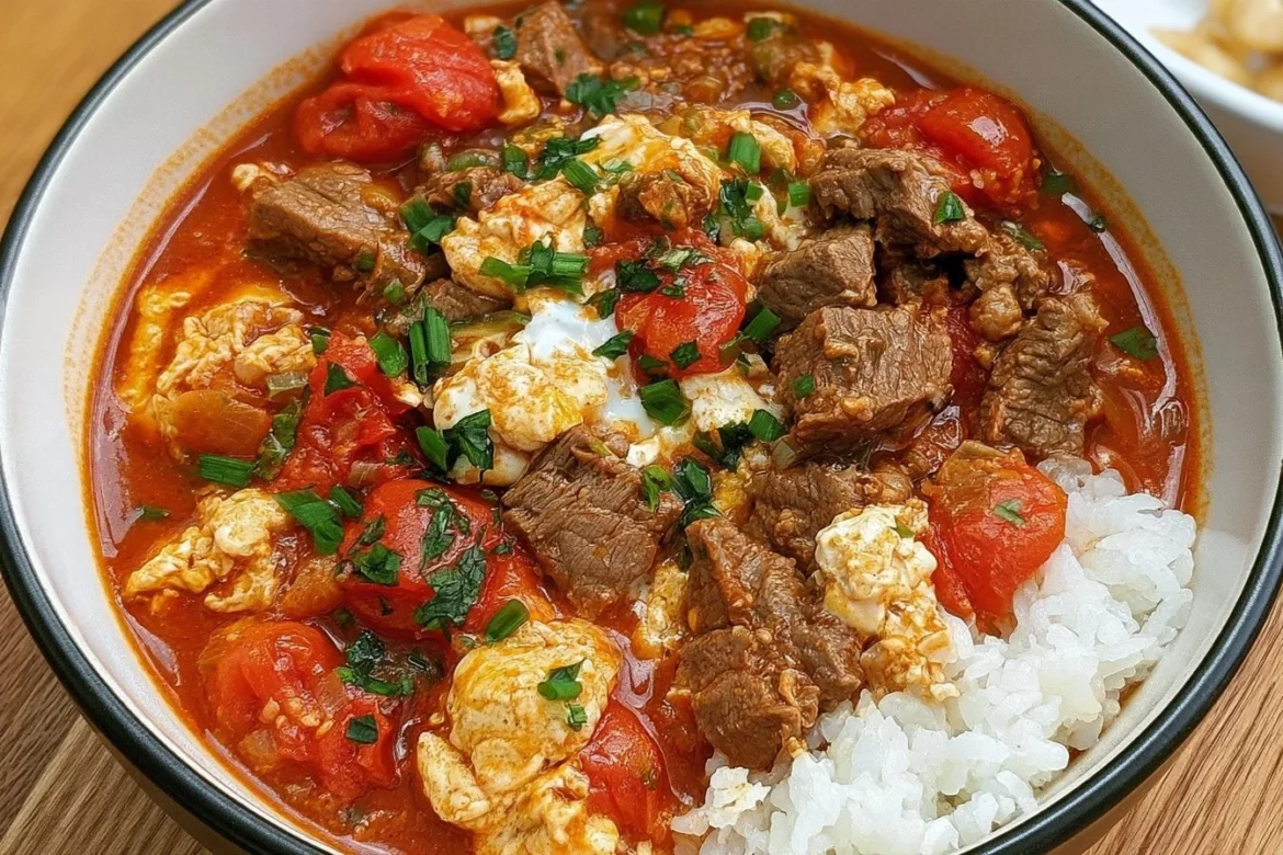Delicious Chinese tomato beef egg dish with fresh ingredients.
