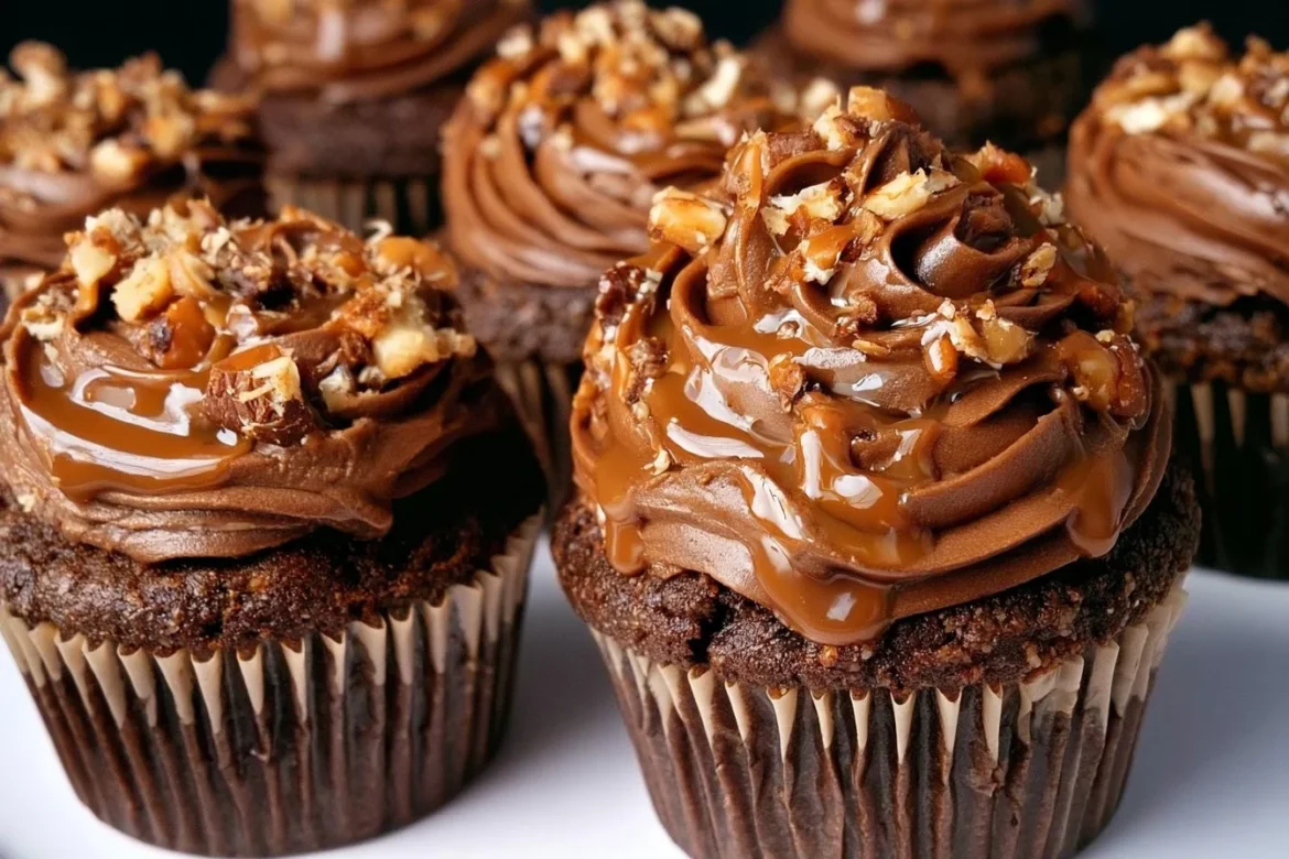Delicious Chocolate Turtle Cupcakes with caramel and pecans topping