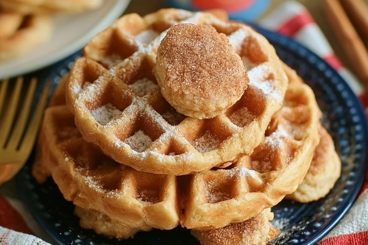Cinnamon sugar biscuit waffles topped with syrup and cinnamon for a delicious breakfast.