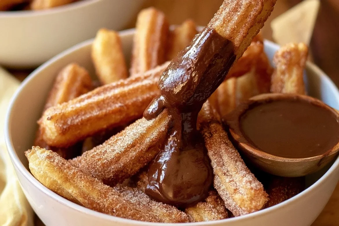 Delicious cinnamon sugar churros topped with chocolate sauce