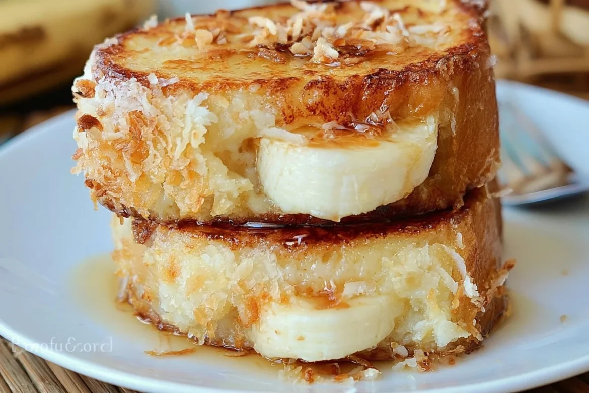 Delicious coconut crusted stuffed French toast topped with fresh fruit