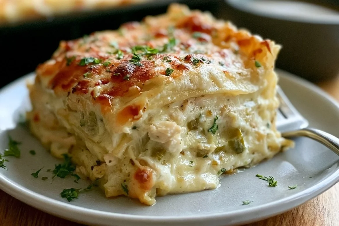 Creamy chicken lasagna with green chile and cheese recipe in a baking dish