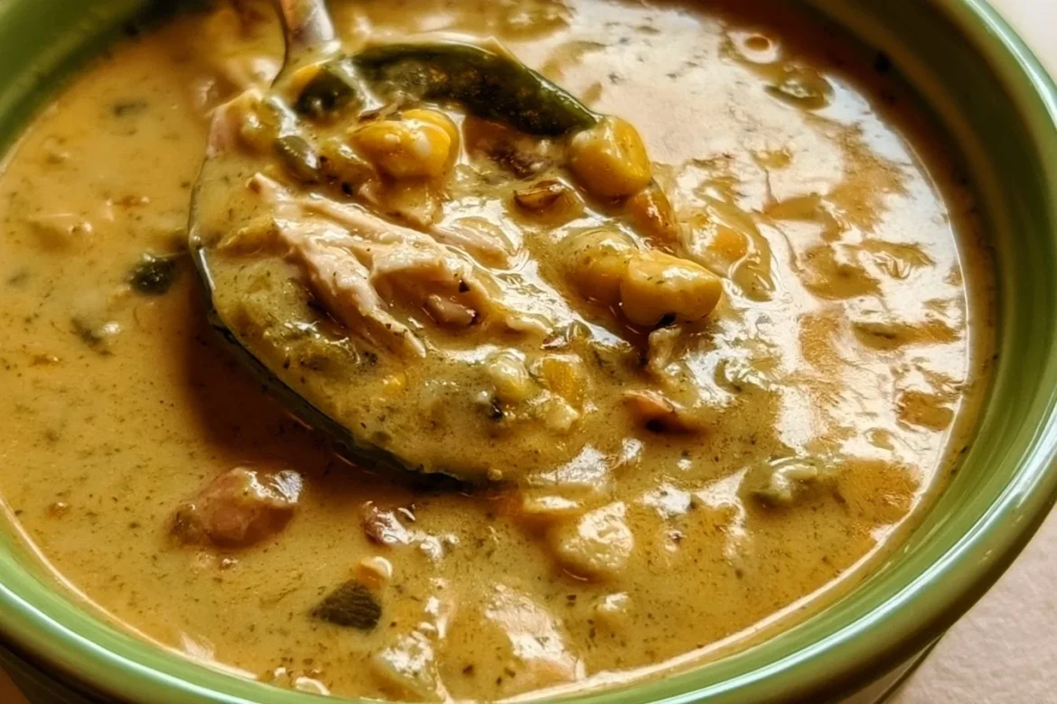 Bowl of creamy chicken poblano soup garnished with cilantro and lime
