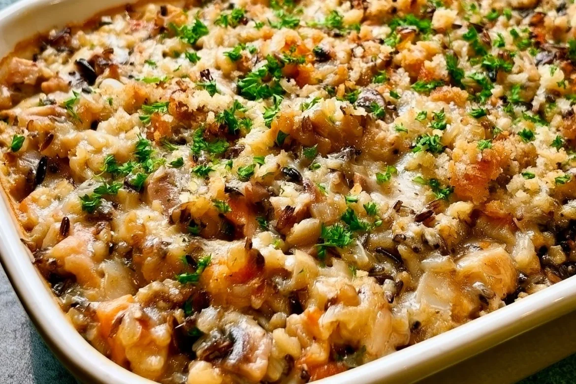 Creamy Chicken Wild Rice Casserole served in a rustic bowl