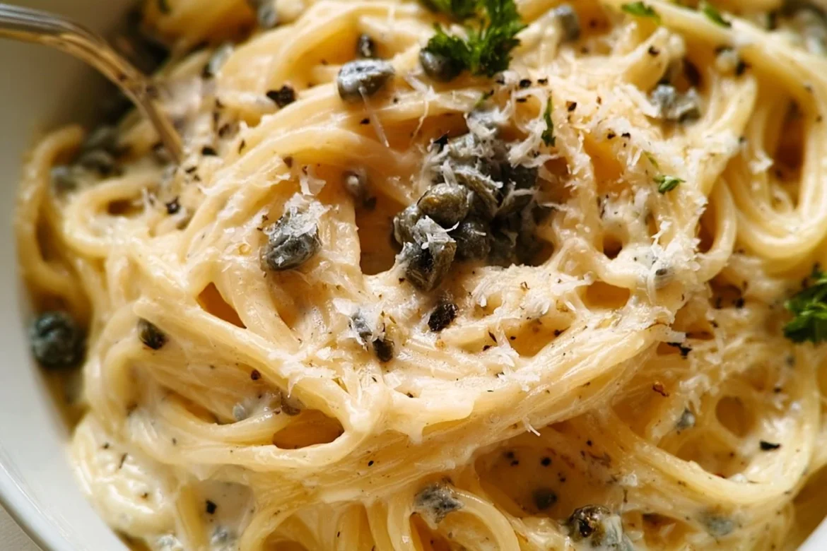 Creamy lemon caper pasta garnished with fresh herbs and lemon zest