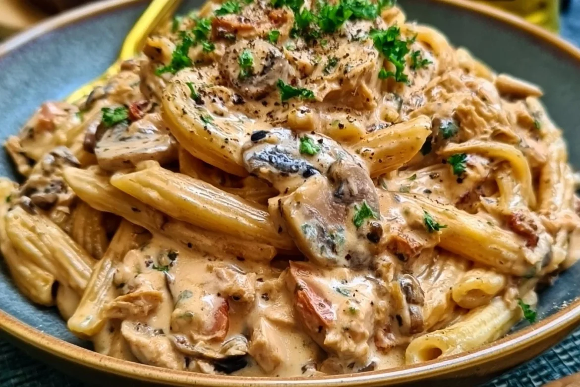 Creamy tuna and mushroom pasta dish served in a bowl