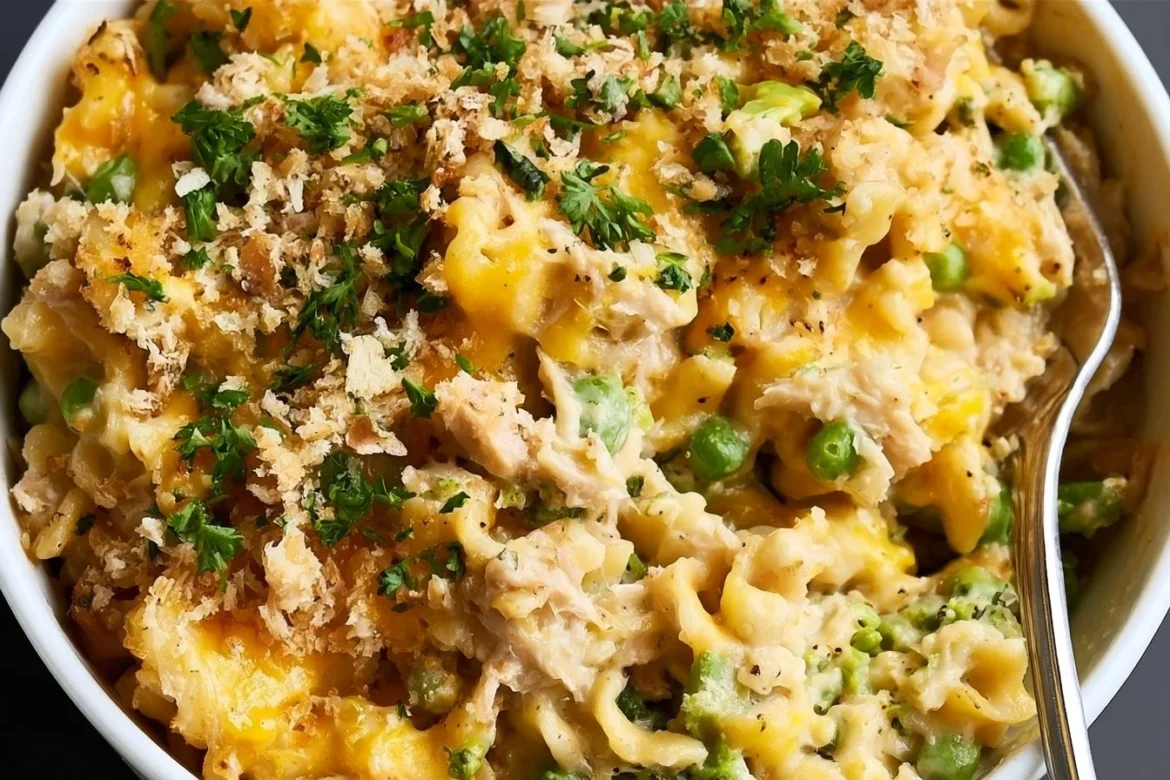Creamy tuna noodle casserole in a baking dish, topped with breadcrumbs.
