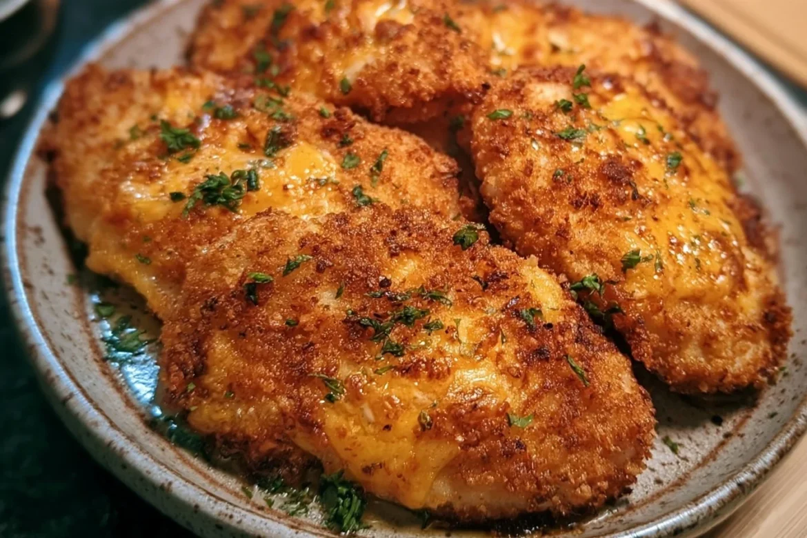 Crispy Cheddar Chicken with a golden crust and melted cheese on a plate