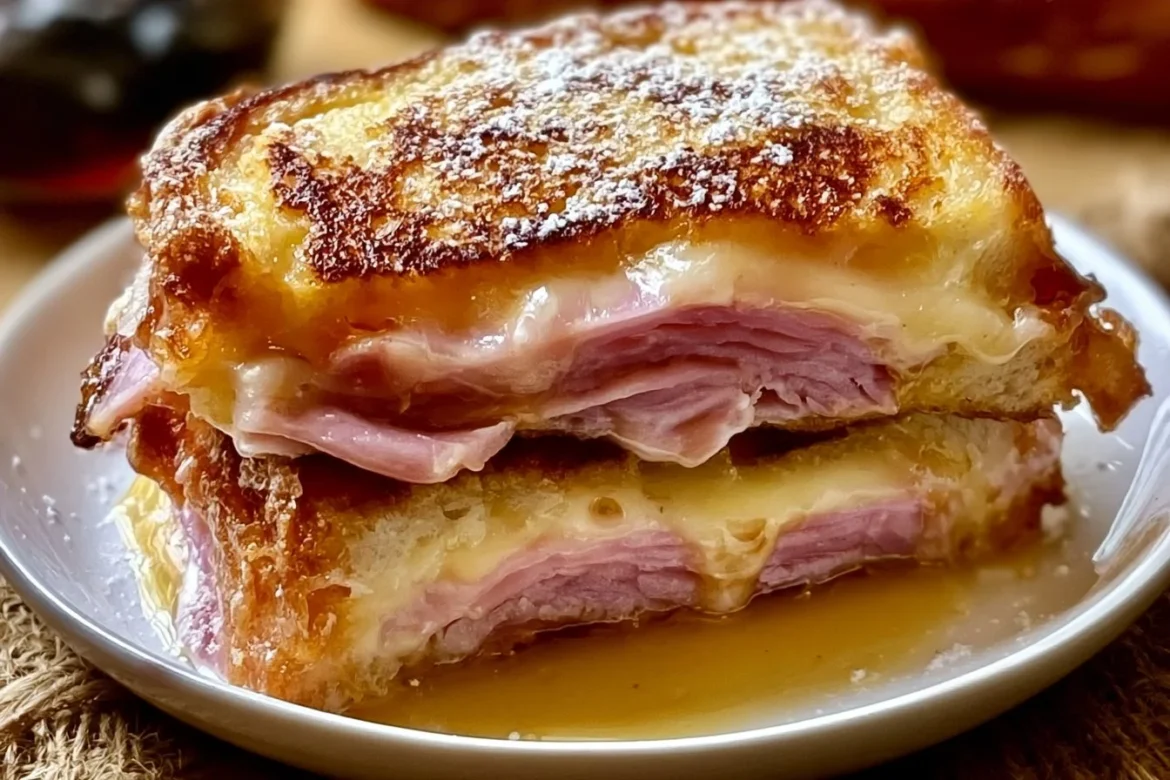 Crispy Monte Cristo sandwich with layers of ham, cheese, and powdered sugar.