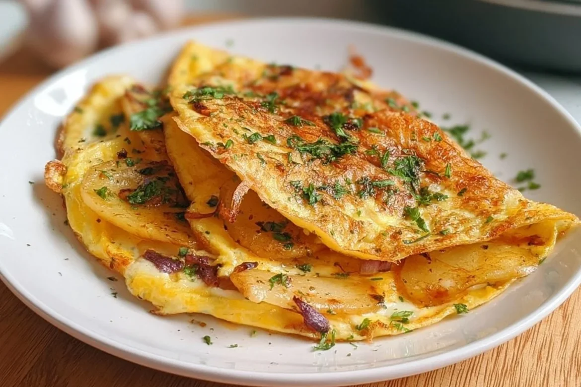 Crispy potato cheese omelet served on a plate with fresh herbs.