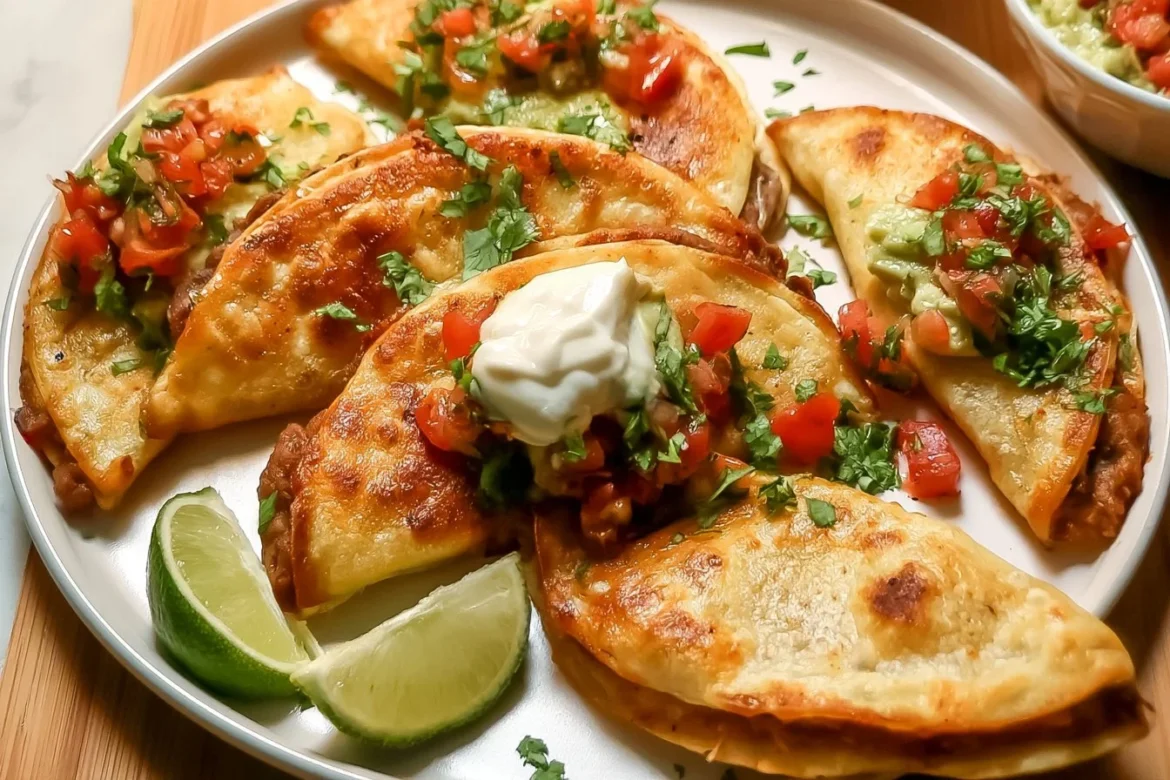 Crispy refried bean tacos served on a plate with fresh toppings