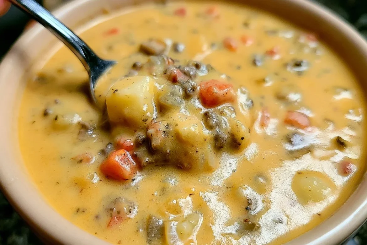 Delicious bowl of Crock Pot Cheeseburger Soup topped with cheese and herbs.