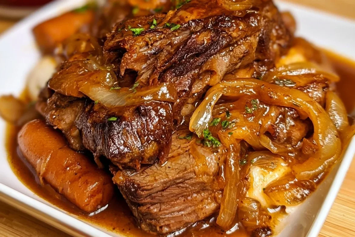 Delicious Crock Pot French Onion Pot Roast with onions and spices