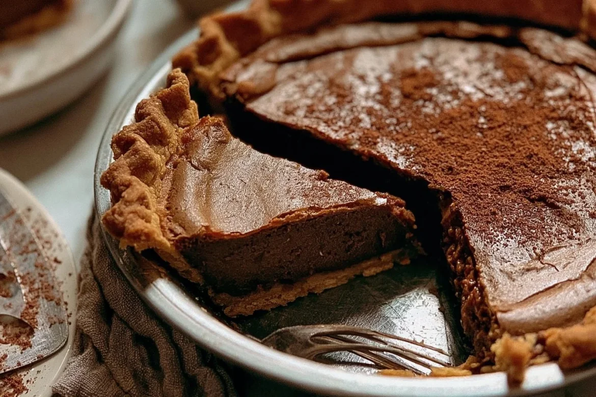 Delicious dark chocolate chess pie with a flaky crust and creamy filling