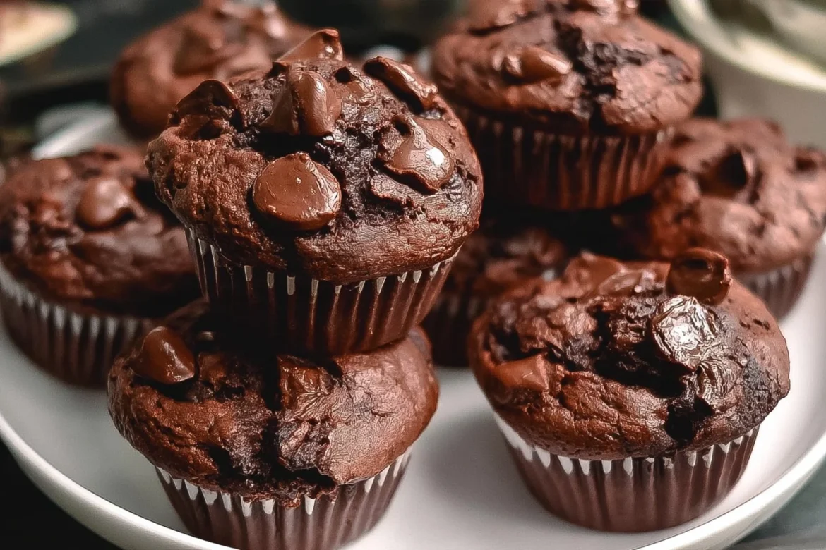 Delicious double chocolate muffins fresh out of the oven