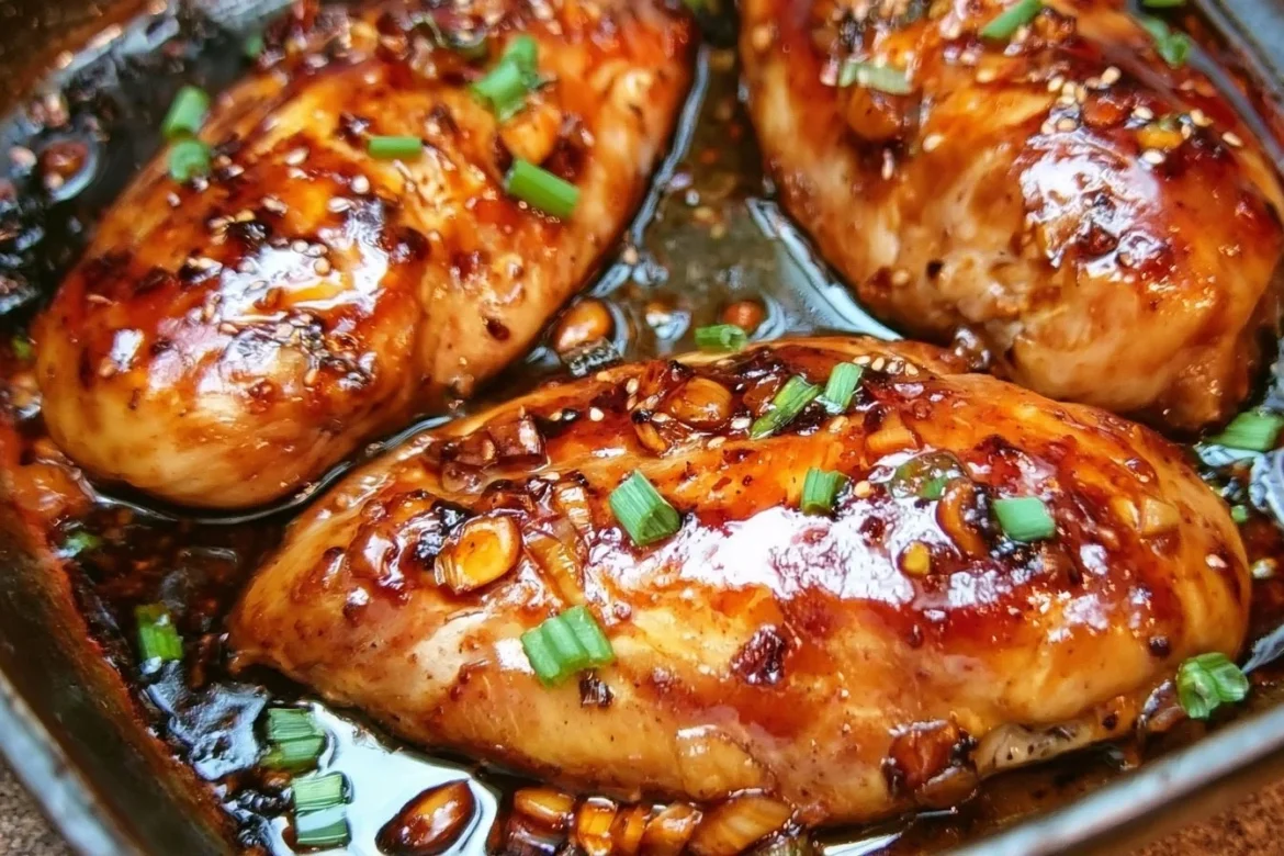 Delicious easy Asian Baked Chicken breasts garnished with green onions.