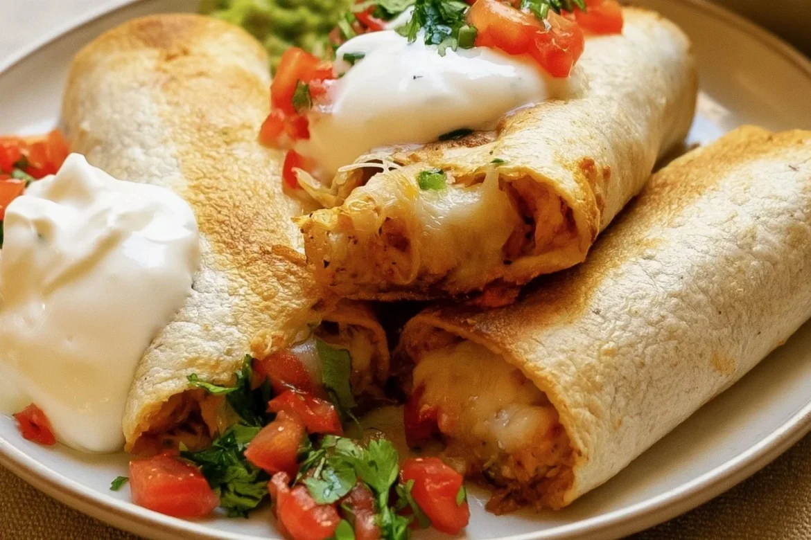 Delicious easy baked chicken chimichangas served with toppings